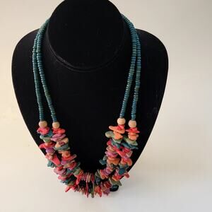 Vintage Boho Multicolor Wood Beads Necklace Layered Statement Festival Jewelry